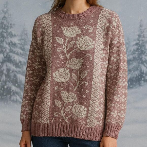 Vintage 90s 1990s Rose Floral Crew Neck Pink Sweater retro Floral - Picture 1 of 5